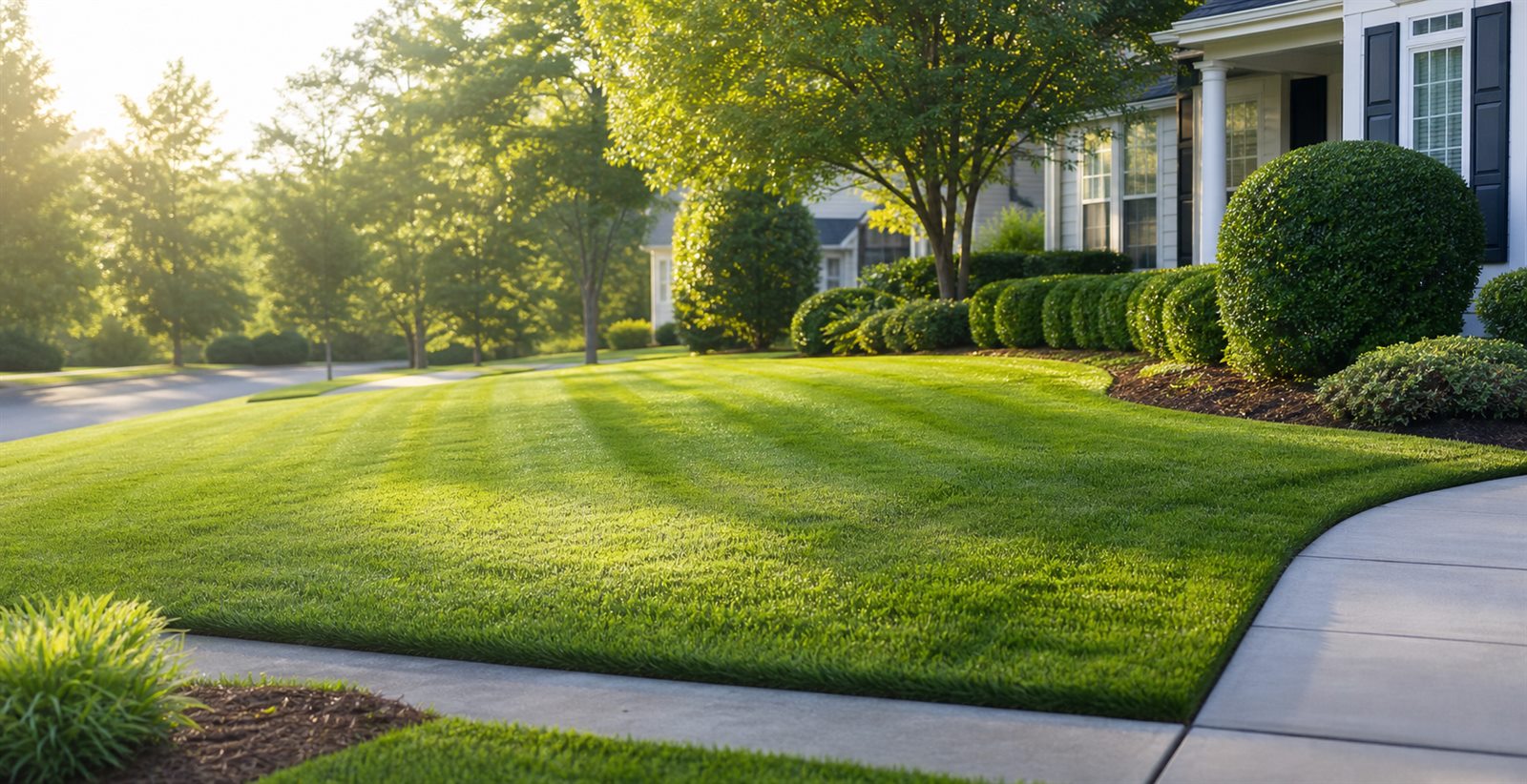 Freshly cut lawn with clean edging and bright morning light